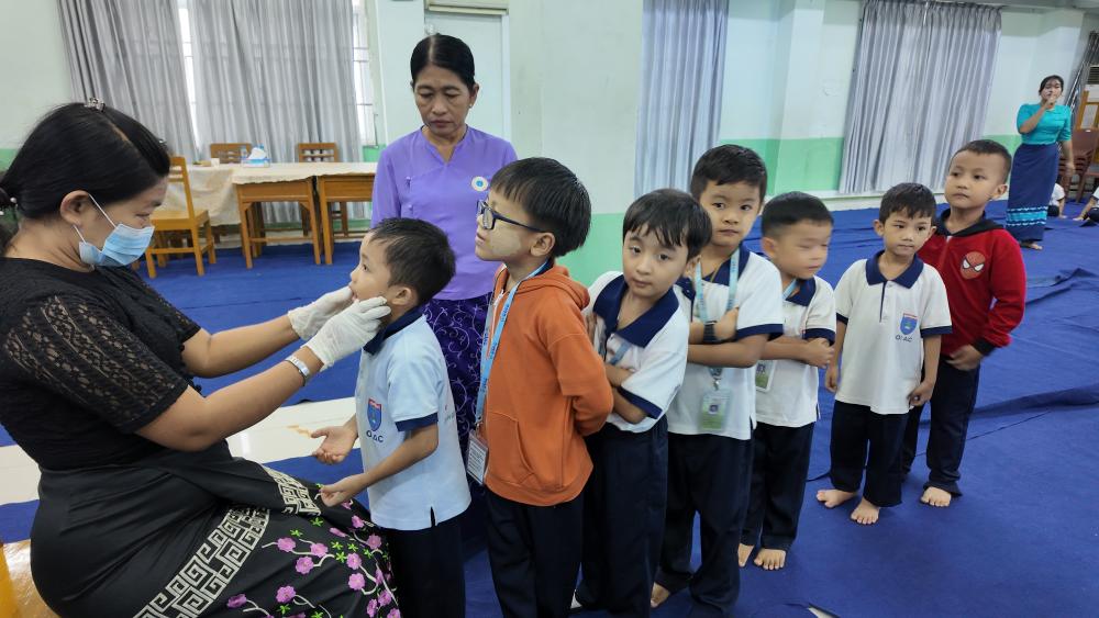 Students examining a globe